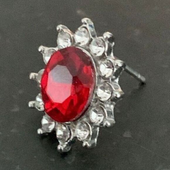 Ruby Red Oval Stud Earrings with Crystal Halo in Silver Tone - Picture 4 of 7
